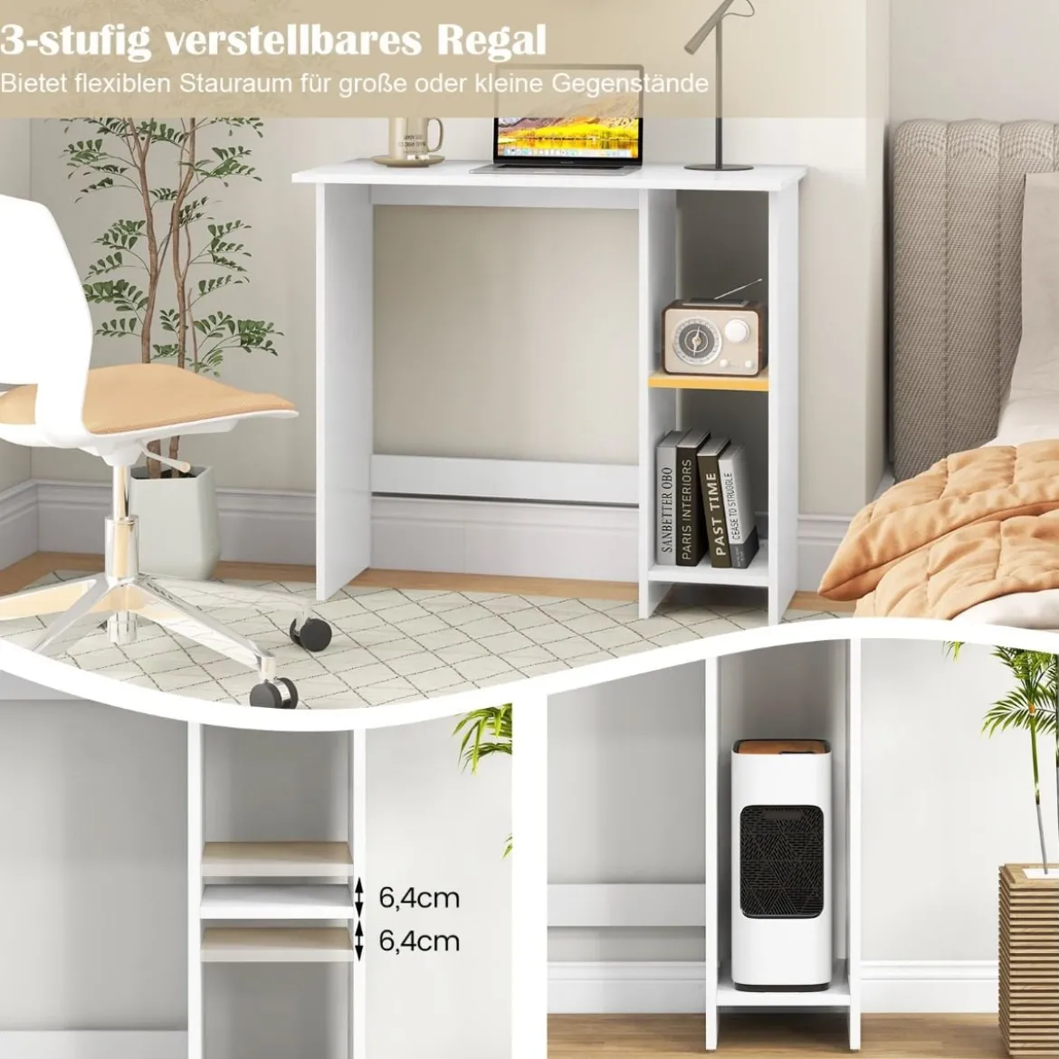 Kleiner Schreibtisch Computertisch mit Verstellbarer Ablage PC-Tisch 80 x 39,5 x 73,5 cm Weiß