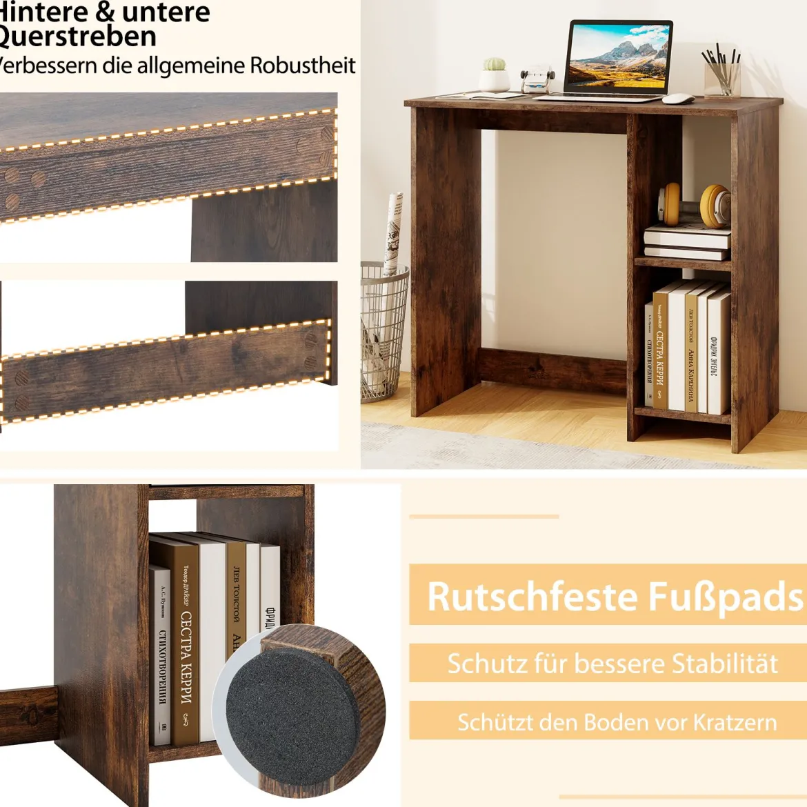 Kleiner Schreibtisch mit 2 Fächern Computertisch Bürotisch PC-Tisch 80 x 40 x 74 cm Weiß/Braun/Natur/Schwarz