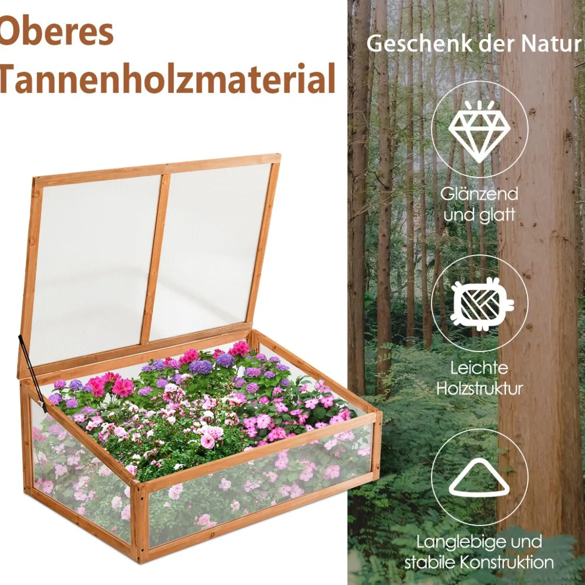Kleines Kaltgewächshaus aus Holz Schutz für Blumenbeete im Garten oder auf der Terrasse 100 x 65 x 40 cm