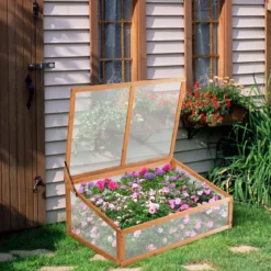 Kleines Kaltgewächshaus aus Holz Schutz für Blumenbeete im Garten oder auf der Terrasse 100 x 65 x 40 cm