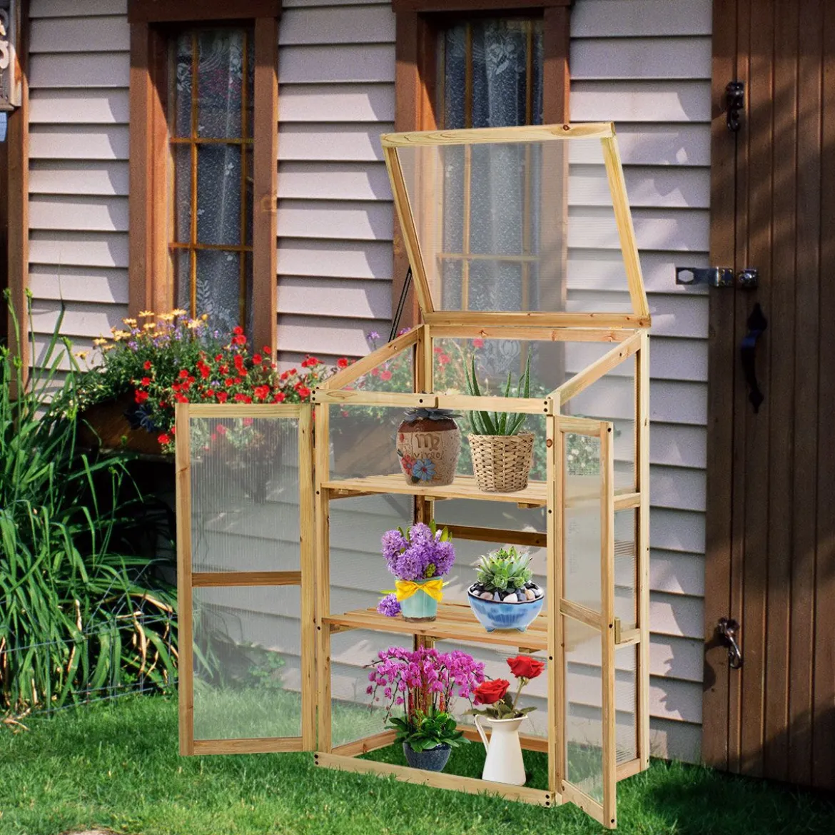 Kleines Kaltgewächshaus aus Holz 3-Ebenen Schutz für Blumenbeete im Garten 60 x 45 x 100 cm