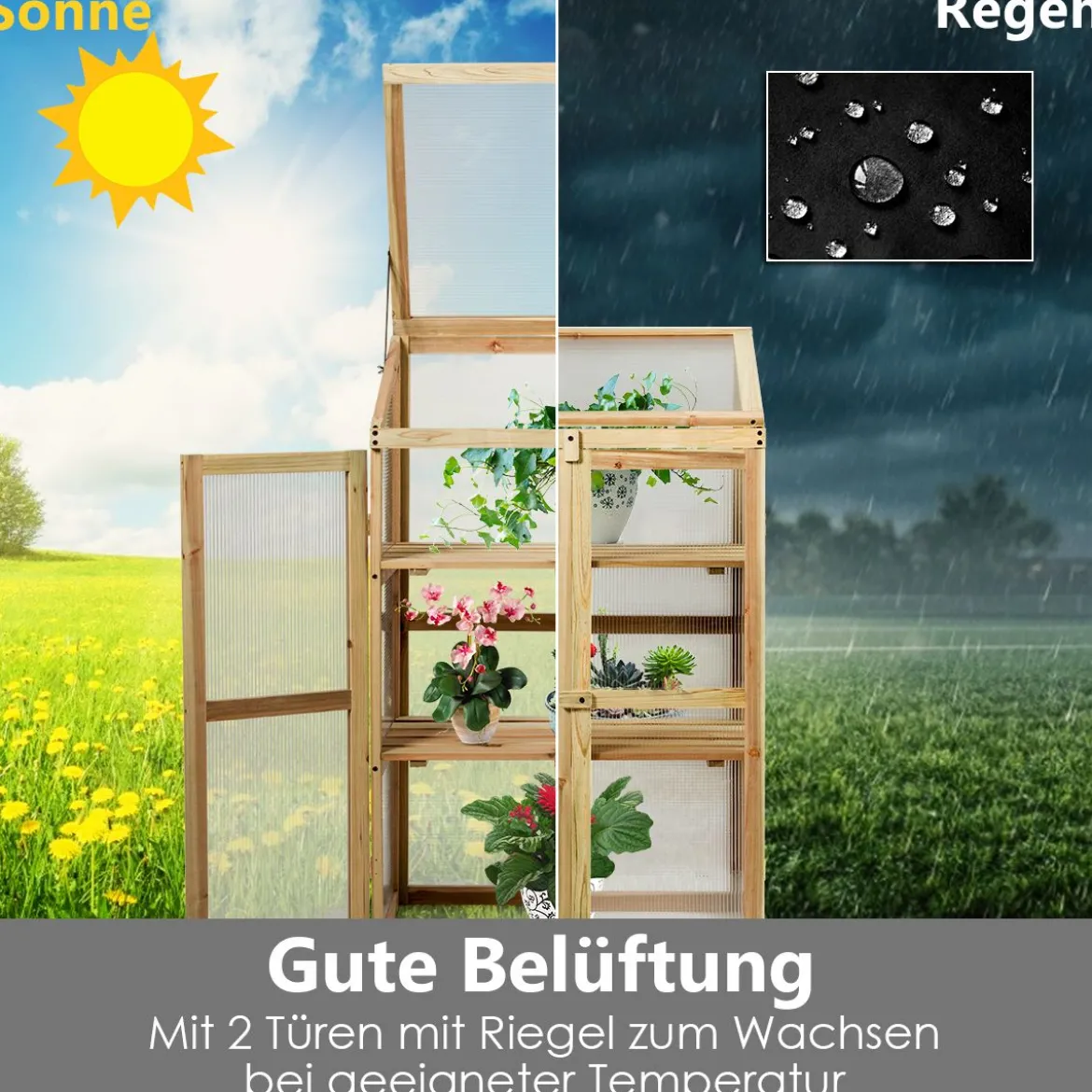 Kleines Kaltgewächshaus aus Holz 3-Ebenen Schutz für Blumenbeete im Garten 60 x 45 x 100 cm