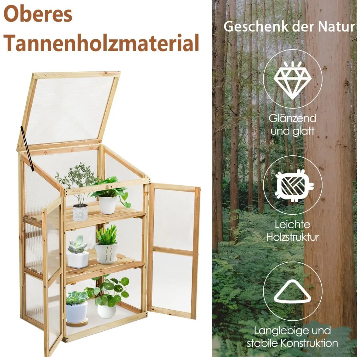 Kleines Kaltgewächshaus aus Holz 3-Ebenen Schutz für Blumenbeete im Garten 60 x 45 x 100 cm