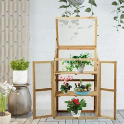 Kleines Kaltgewächshaus aus Holz 3-Ebenen Schutz für Blumenbeete im Garten 60 x 45 x 100 cm