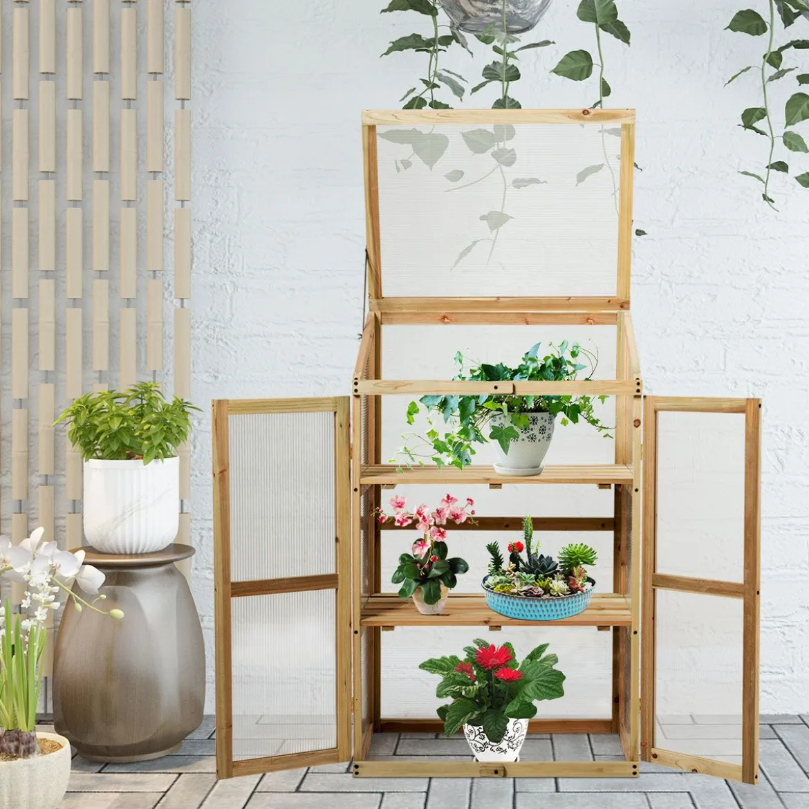 Kleines Kaltgewächshaus aus Holz 3-Ebenen Schutz für Blumenbeete im Garten 60 x 45 x 100 cm
