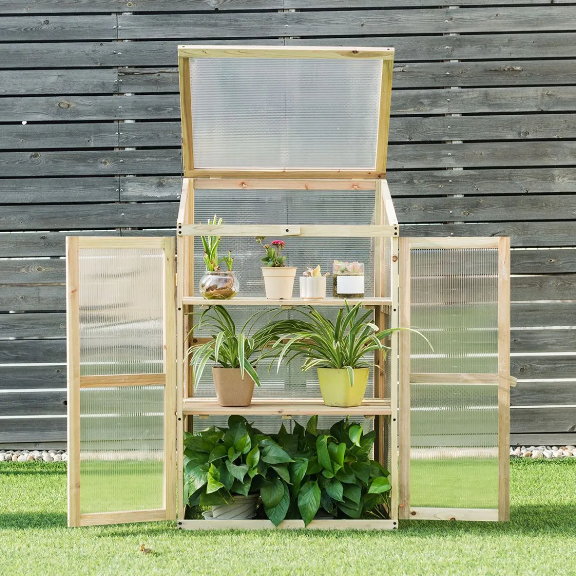 Kleines Kaltgewächshaus aus Holz 3-Ebenen Schutz für Blumenbeete im Garten 60 x 45 x 100 cm
