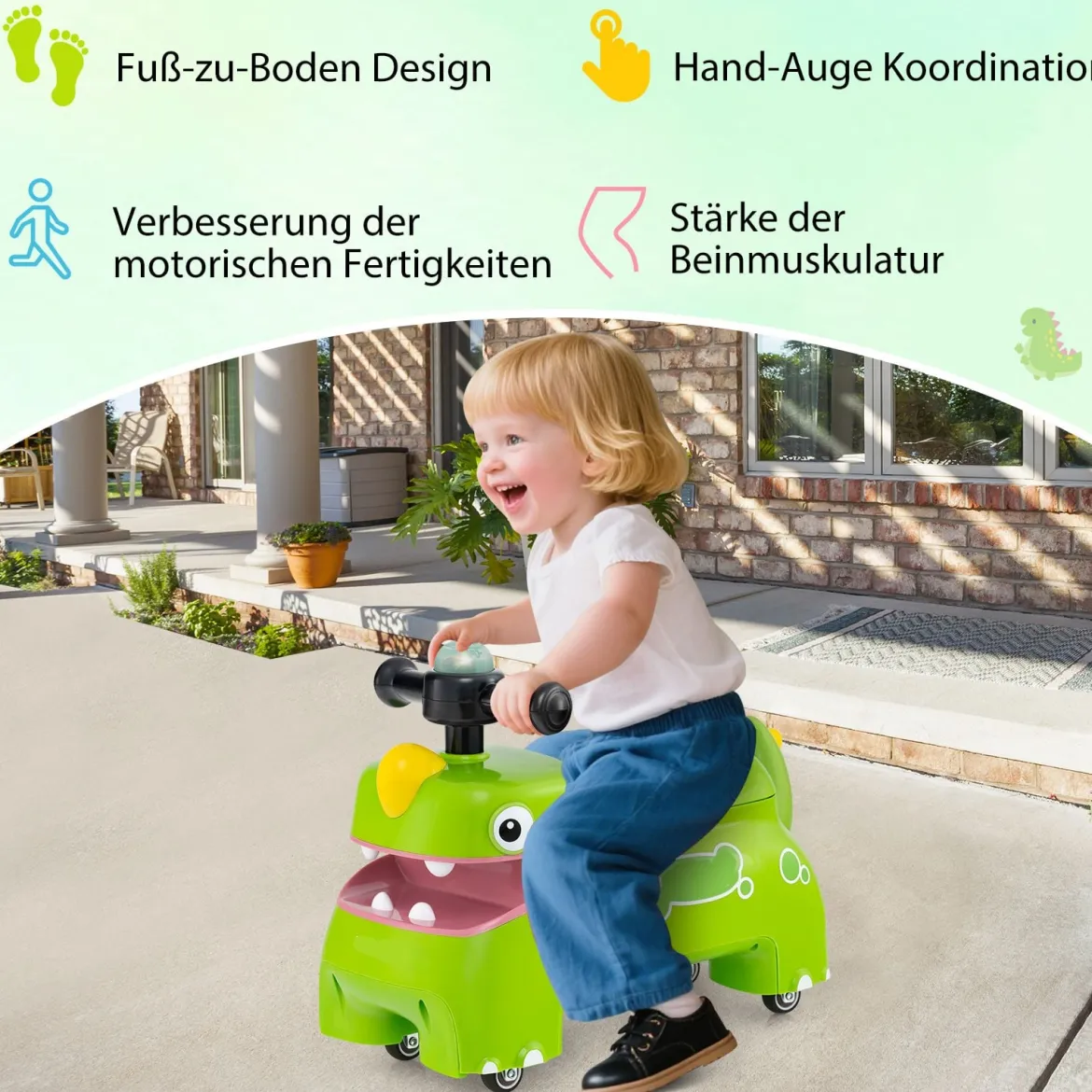 Kleinkind Aufsitzspielzeug Fahrzeug mit Stauraum unter dem Sitz Lichter Musik & Hupe Grün