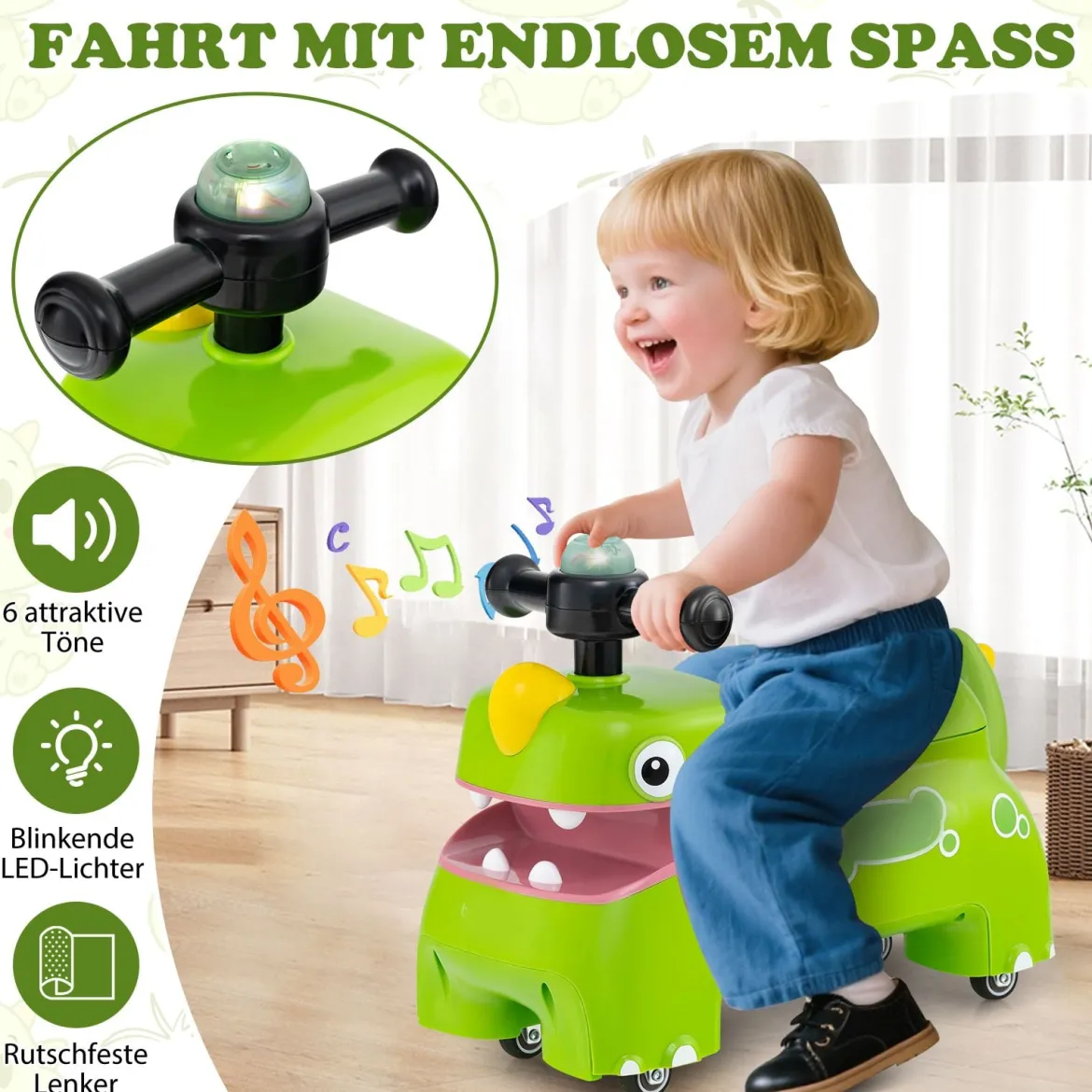 Kleinkind Aufsitzspielzeug Fahrzeug mit Stauraum unter dem Sitz Lichter Musik & Hupe Grün