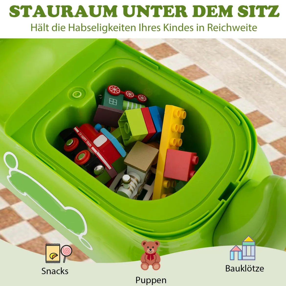 Kleinkind Aufsitzspielzeug Fahrzeug mit Stauraum unter dem Sitz Lichter Musik & Hupe Grün