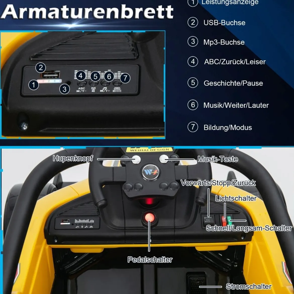 Kleinkind-Elektroauto 12-V-Kinderauto Elektrisches Rennauto für Kleinkinder mit Fernbedienung Gelb