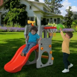 Kleinkindrutsche Kinderrutsche Kinderschlossrutsche mit Basketballkorb und Teleskopspielzeug