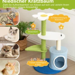 Klein Kratzbaum mit blumenförmiger Sitzfläche & 2 Bällen & blattförmiger Kletterturm Grün+Blau