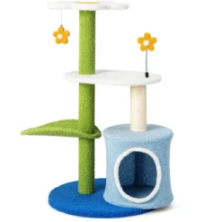 Klein Kratzbaum mit blumenförmiger Sitzfläche & 2 Bällen & blattförmiger Kletterturm Grün+Blau