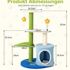 Klein Kratzbaum mit blumenförmiger Sitzfläche & 2 Bällen & blattförmiger Kletterturm Grün+Blau