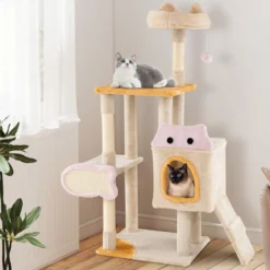 Klein Kratzbaum mit Fischförmigem Kratzbrett Holz Katzenbaum Katzenkratzbaum Kletterbaum
