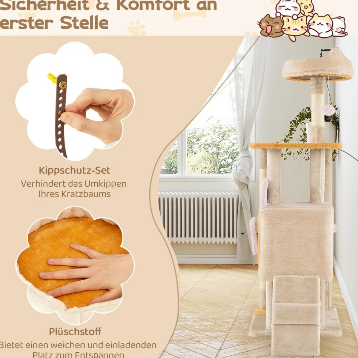 Klein Kratzbaum mit Fischförmigem Kratzbrett Holz Katzenbaum Katzenkratzbaum Kletterbaum