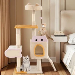 Klein Kratzbaum mit Fischförmigem Kratzbrett Holz Katzenbaum Katzenkratzbaum Kletterbaum