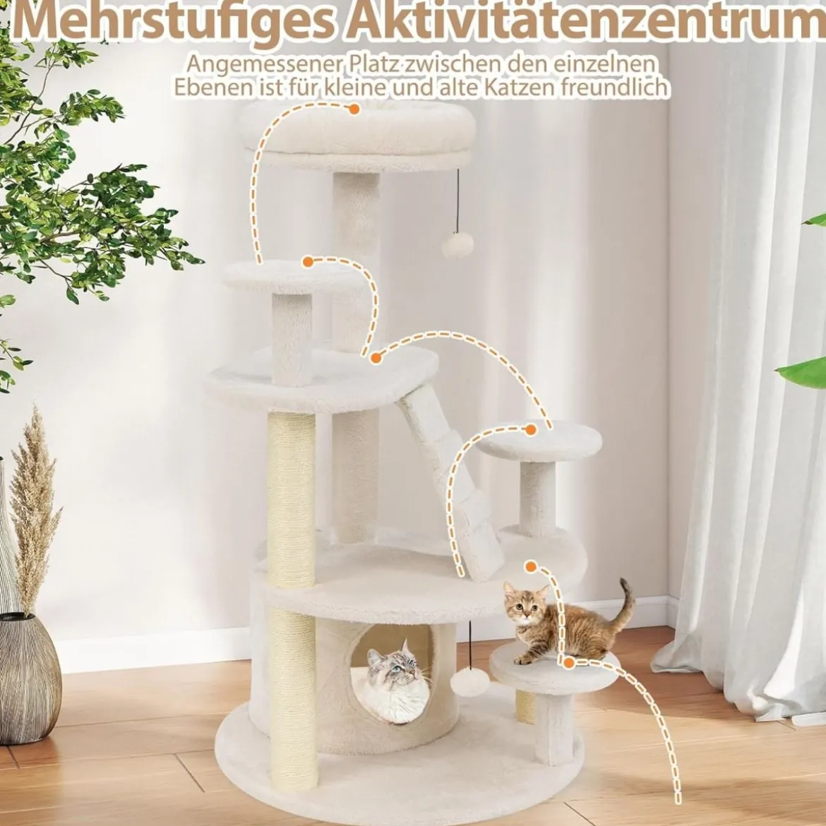 Klein Kratzbaum mit Katzenhöhle & Ball & Leiter Holz Katzenbaum Katzenkratzbaum Weiß