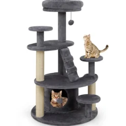 Klein Kratzbaum mit Katzenhöhle & Ball & Leiter Holz Katzenbaum Katzenkratzbaum Grau