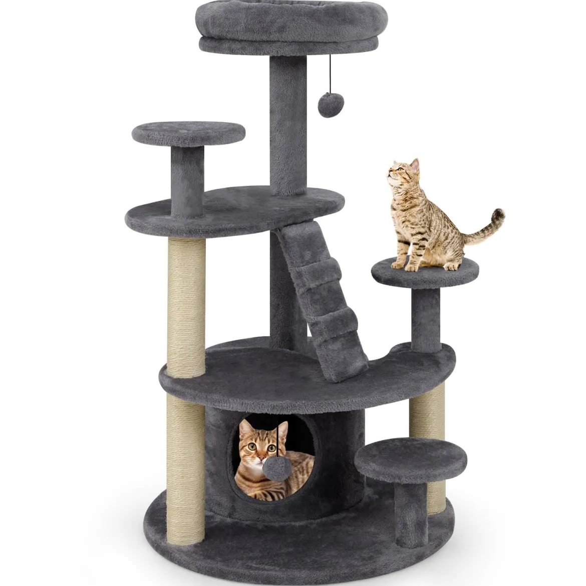 Klein Kratzbaum mit Katzenhöhle & Ball & Leiter Holz Katzenbaum Katzenkratzbaum Grau