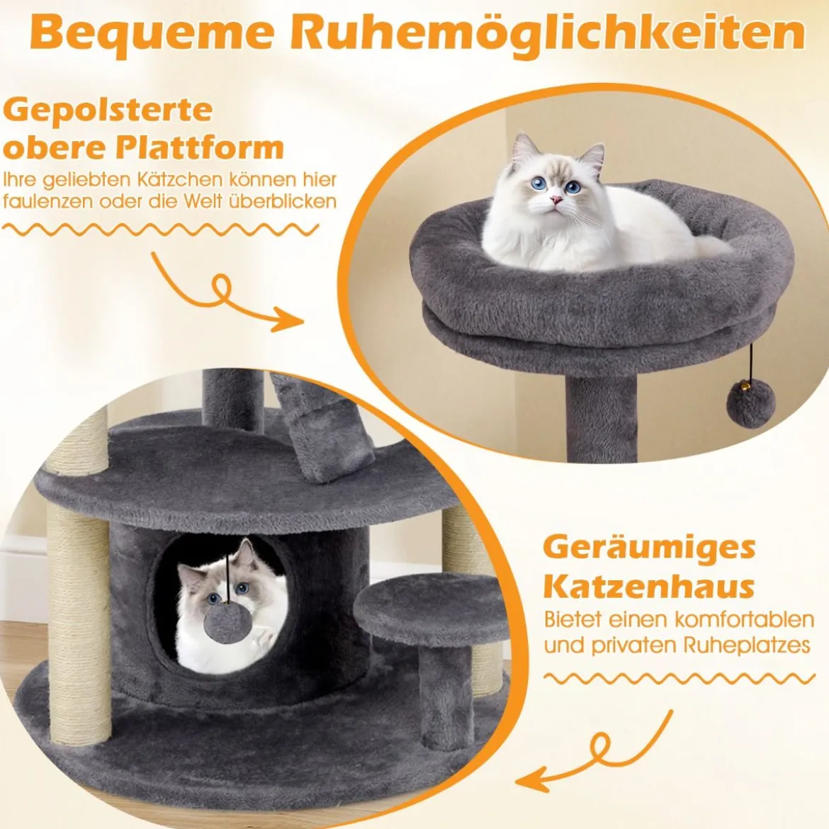 Klein Kratzbaum mit Katzenhöhle & Ball & Leiter Holz Katzenbaum Katzenkratzbaum Grau