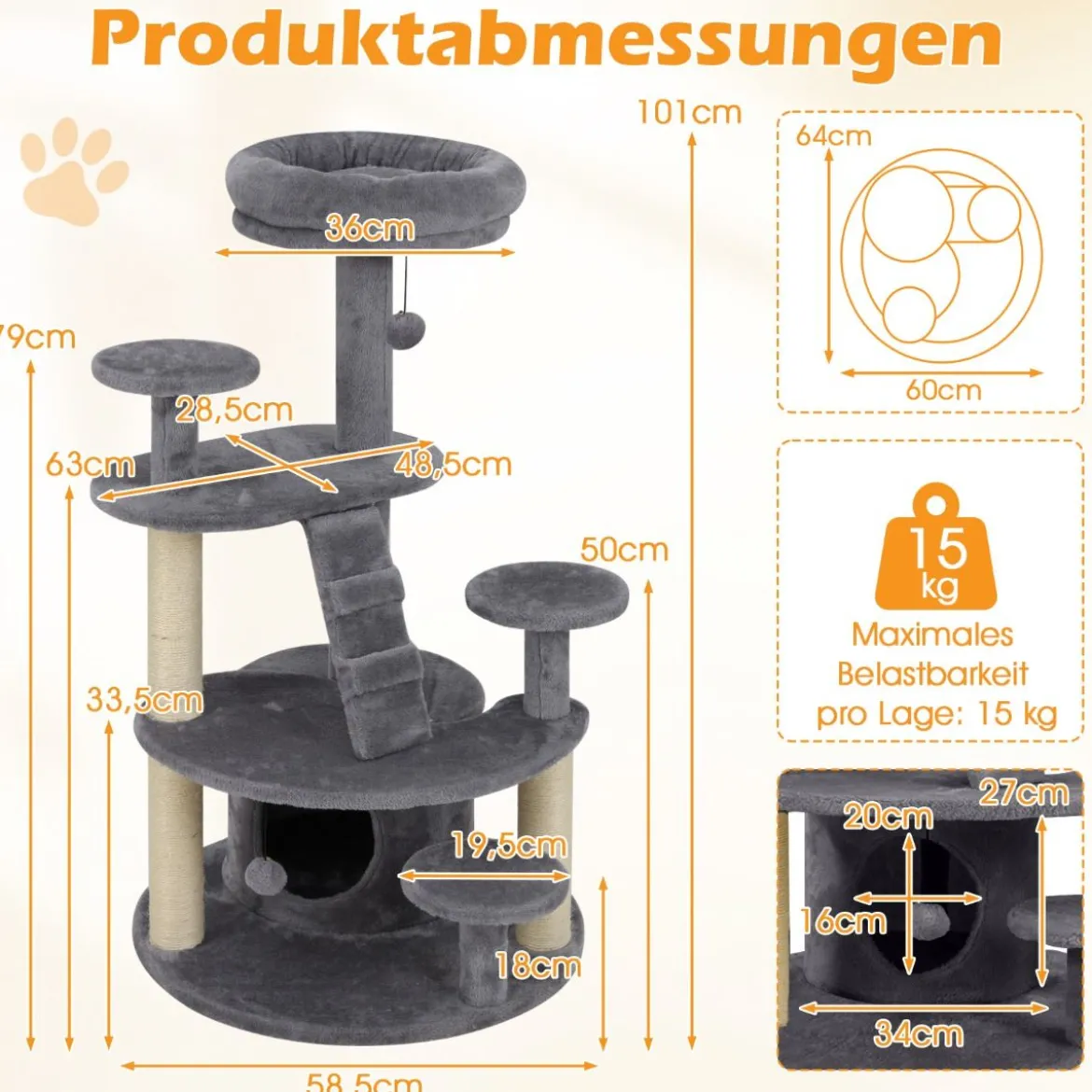 Klein Kratzbaum mit Katzenhöhle & Ball & Leiter Holz Katzenbaum Katzenkratzbaum Grau