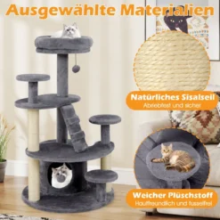 Klein Kratzbaum mit Katzenhöhle & Ball & Leiter Holz Katzenbaum Katzenkratzbaum Grau