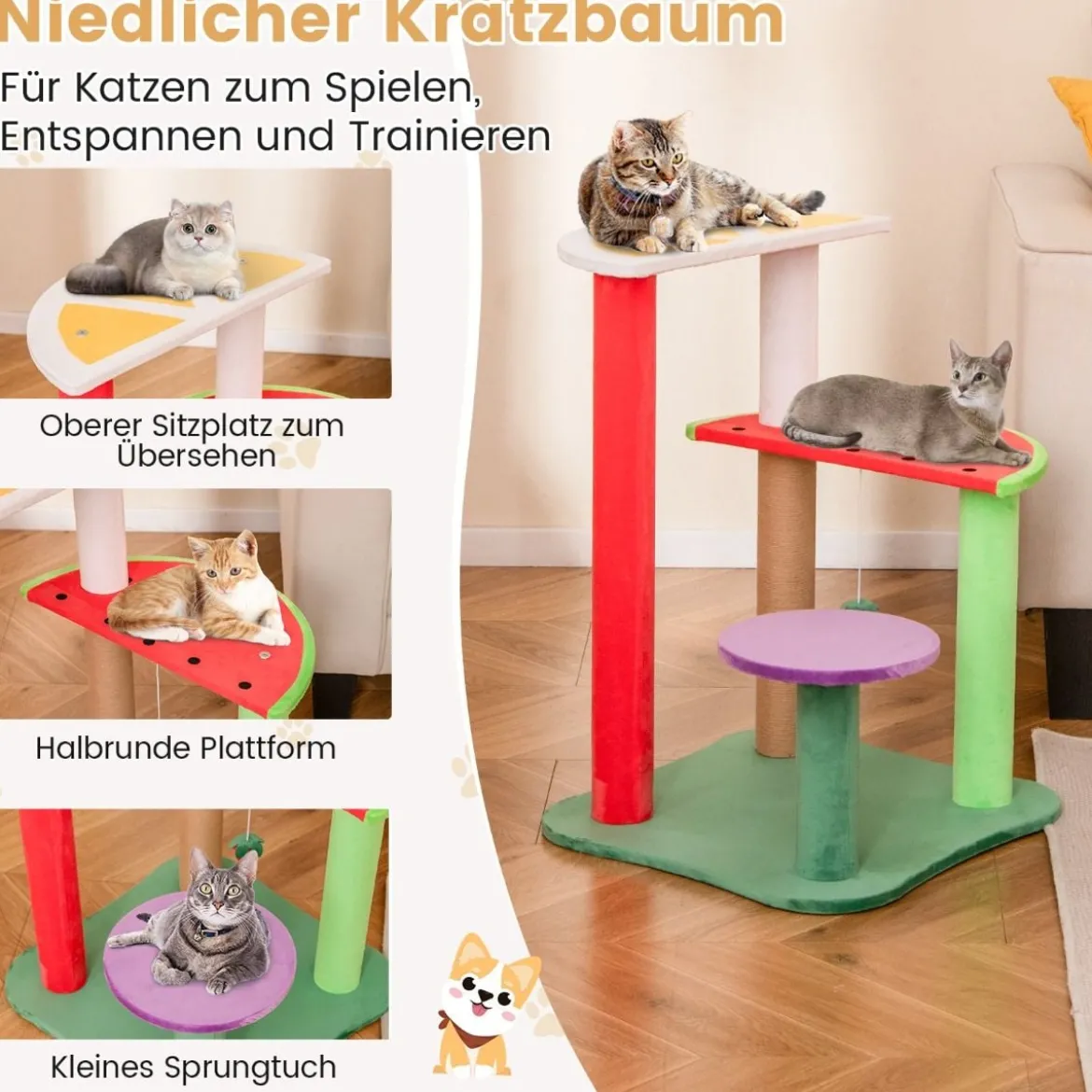 Klein Kratzbaum mit Plattformen & Erdbeerball & Kratzpfosten Niedliches Obstthema Katzenbaum
