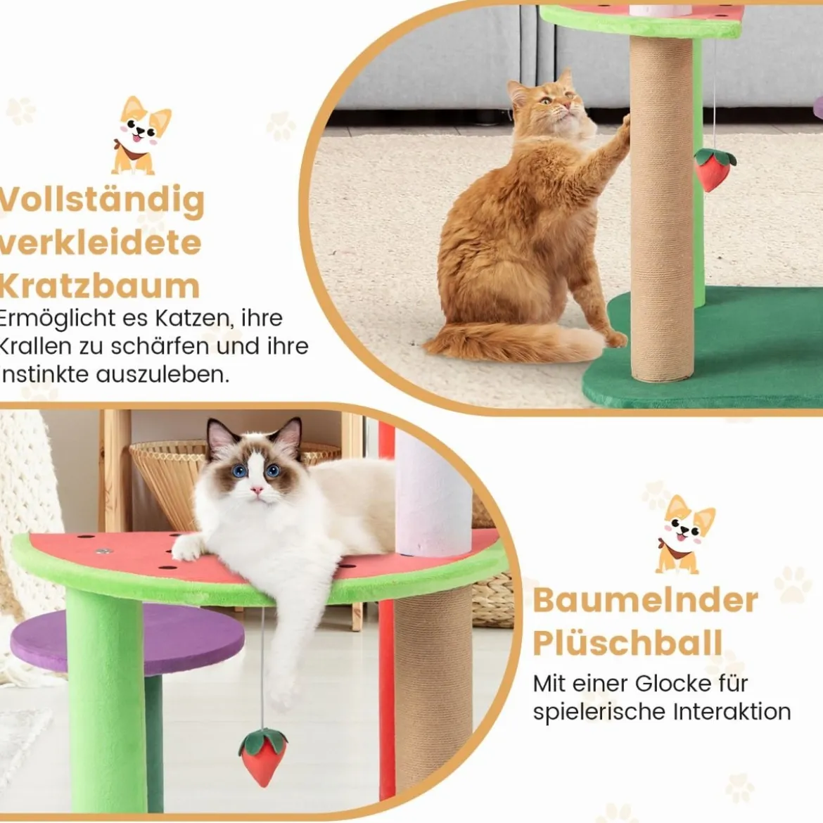 Klein Kratzbaum mit Plattformen & Erdbeerball & Kratzpfosten Niedliches Obstthema Katzenbaum