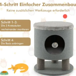 Klein Kratzbaum mit Weicher Sitzfläche & 3 Sisal-Kratzsäulen & Ball Hocker 40 x 40 x 47 cm Grau