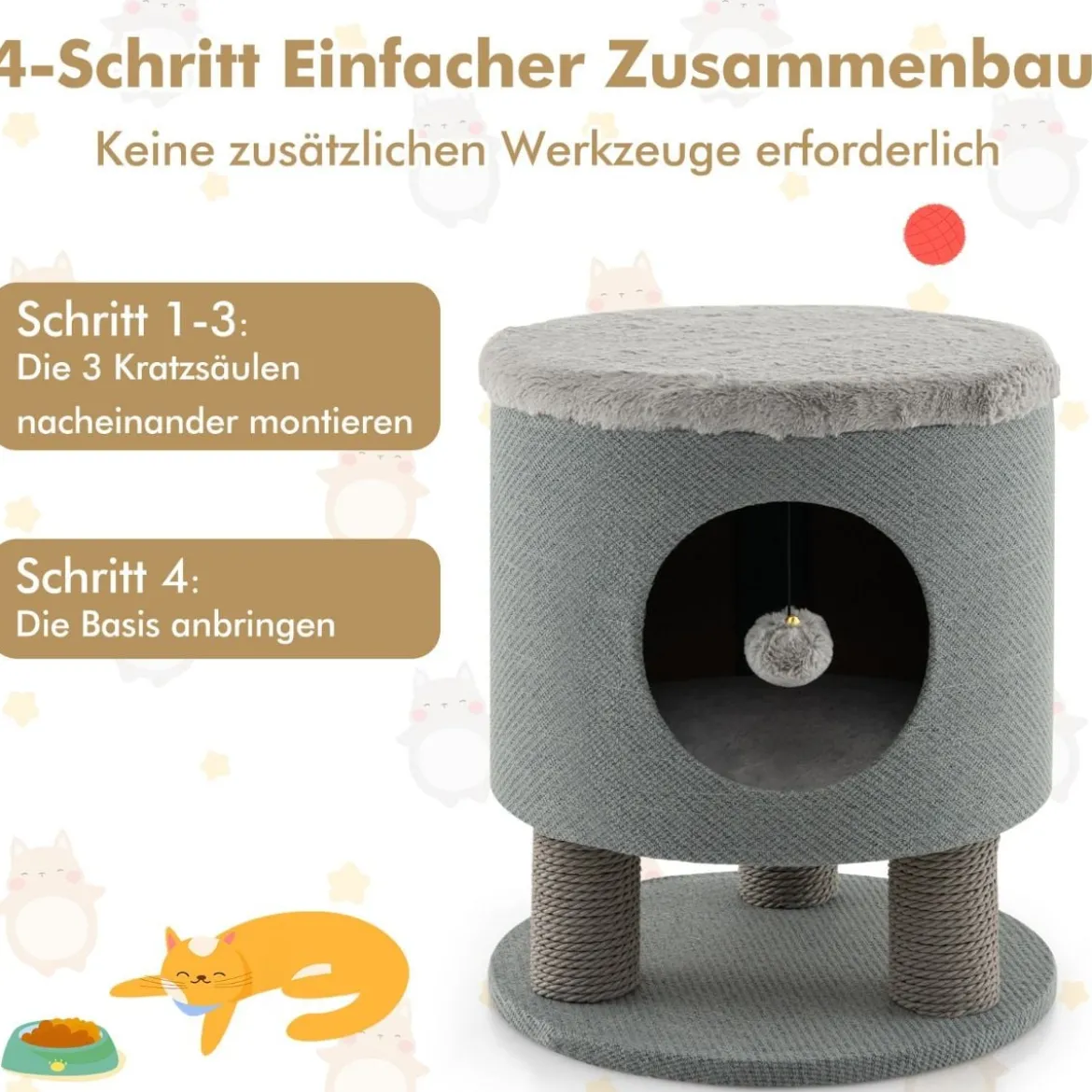 Klein Kratzbaum mit Weicher Sitzfläche & 3 Sisal-Kratzsäulen & Ball Hocker 40 x 40 x 47 cm Grau