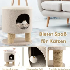 Klein Kratzbaum mit Weicher Sitzfläche & 3 Sisal-Kratzsäulen & Ball Hocker 40 x 40 x 47 cm Beige