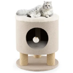 Klein Kratzbaum mit Weicher Sitzfläche & 3 Sisal-Kratzsäulen & Ball Hocker 40 x 40 x 47 cm Beige