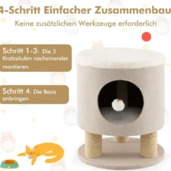 Klein Kratzbaum mit Weicher Sitzfläche & 3 Sisal-Kratzsäulen & Ball Hocker 40 x 40 x 47 cm Beige