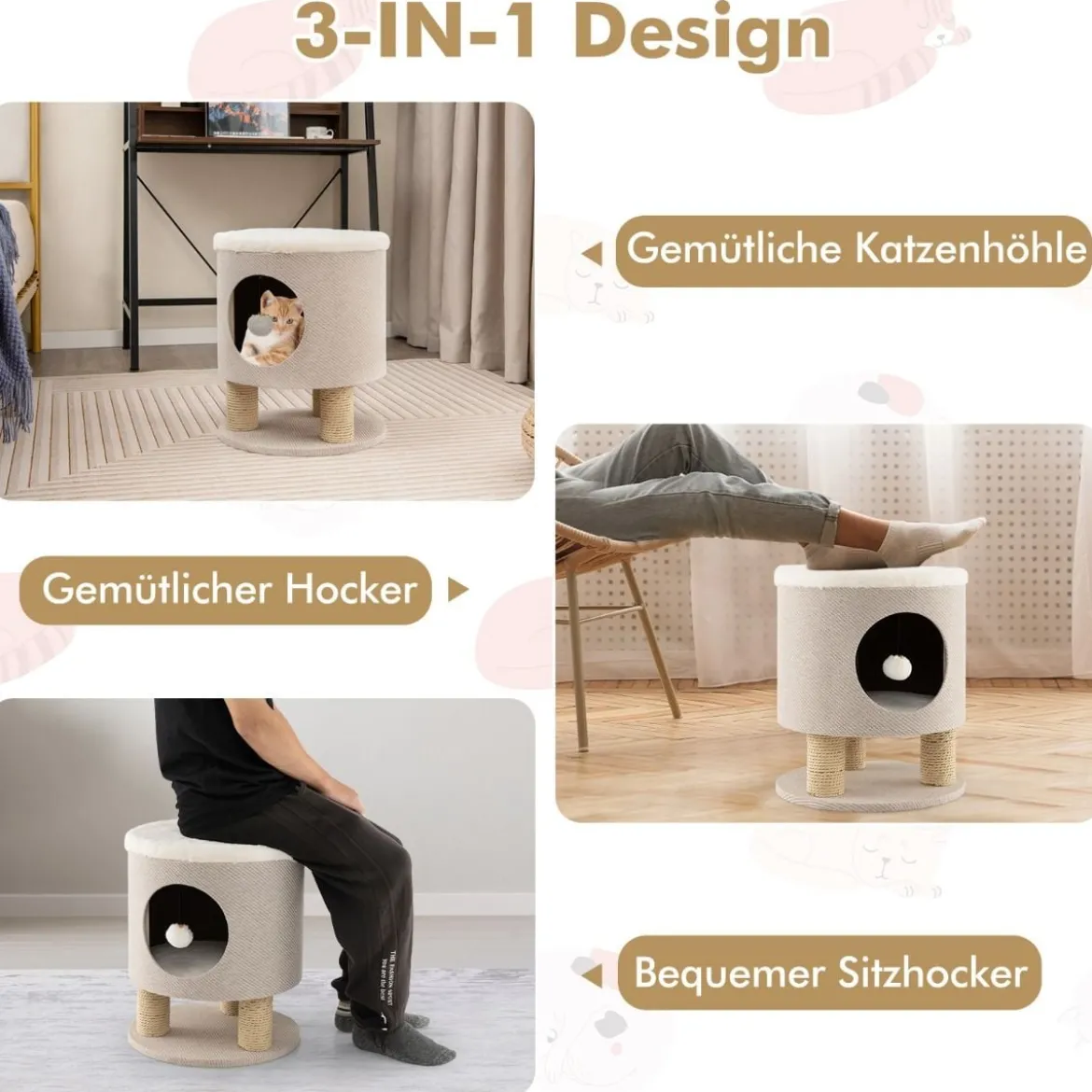 Klein Kratzbaum mit Weicher Sitzfläche & 3 Sisal-Kratzsäulen & Ball Hocker 40 x 40 x 47 cm Beige