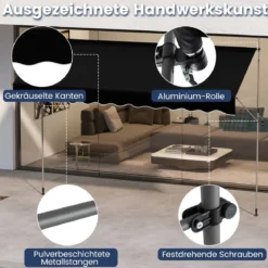 Klemmmarkise Balkonmarkise ohne Bohren mit Handkurbel Höhenverstellbar & UV-beständig Sonnenschutz Schwarz