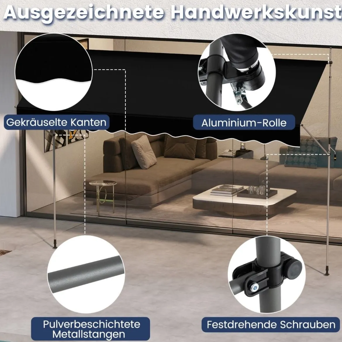 Klemmmarkise Balkonmarkise ohne Bohren mit Handkurbel Höhenverstellbar & UV-beständig Sonnenschutz Schwarz