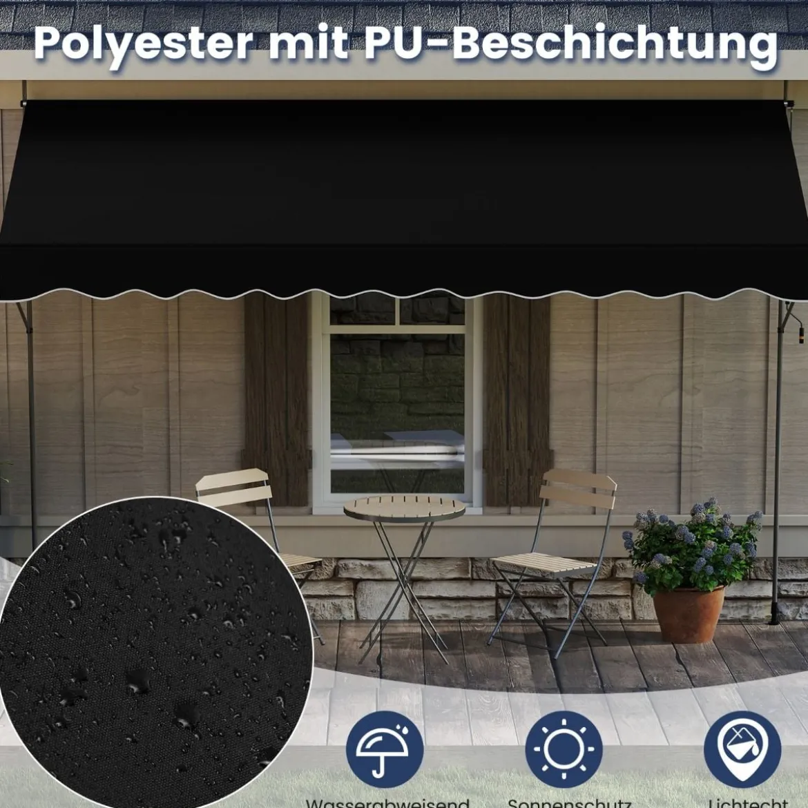 Klemmmarkise Balkonmarkise ohne Bohren mit Handkurbel Höhenverstellbar & UV-beständig Sonnenschutz Schwarz