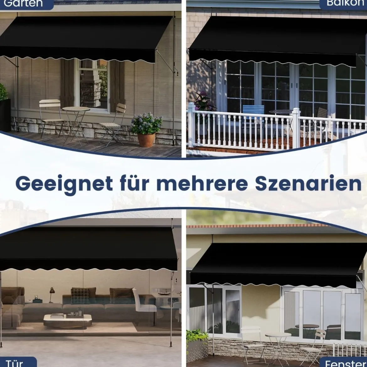 Klemmmarkise Balkonmarkise ohne Bohren mit Handkurbel Höhenverstellbar & UV-beständig Sonnenschutz Schwarz