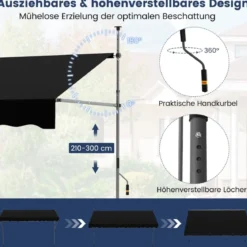Klemmmarkise Balkonmarkise ohne Bohren mit Handkurbel Höhenverstellbar & UV-beständig Sonnenschutz Schwarz