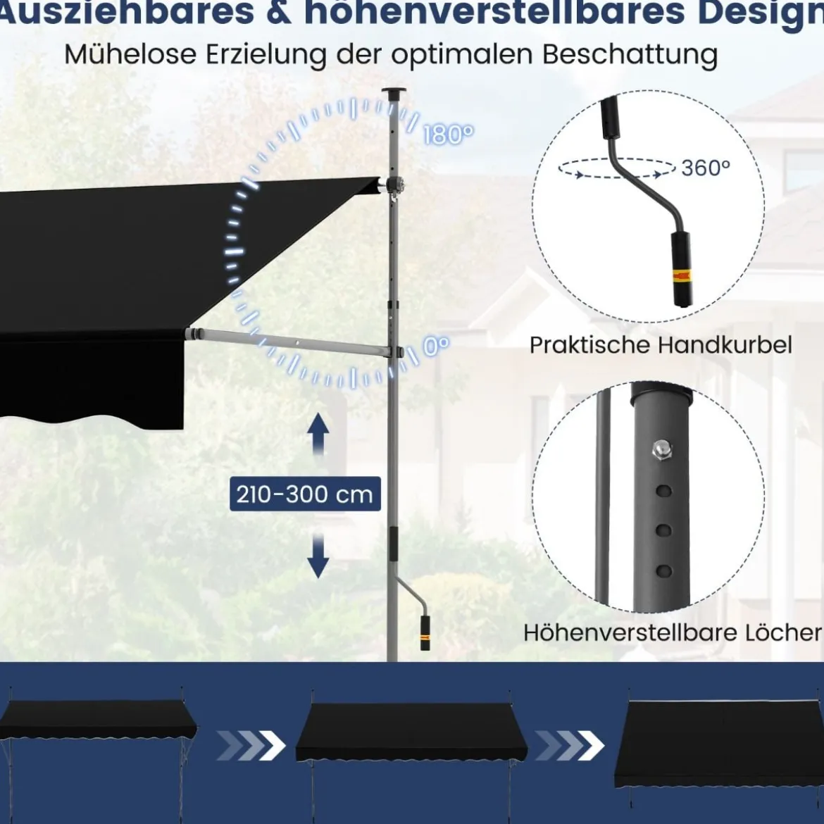 Klemmmarkise Balkonmarkise ohne Bohren mit Handkurbel Höhenverstellbar & UV-beständig Sonnenschutz Schwarz