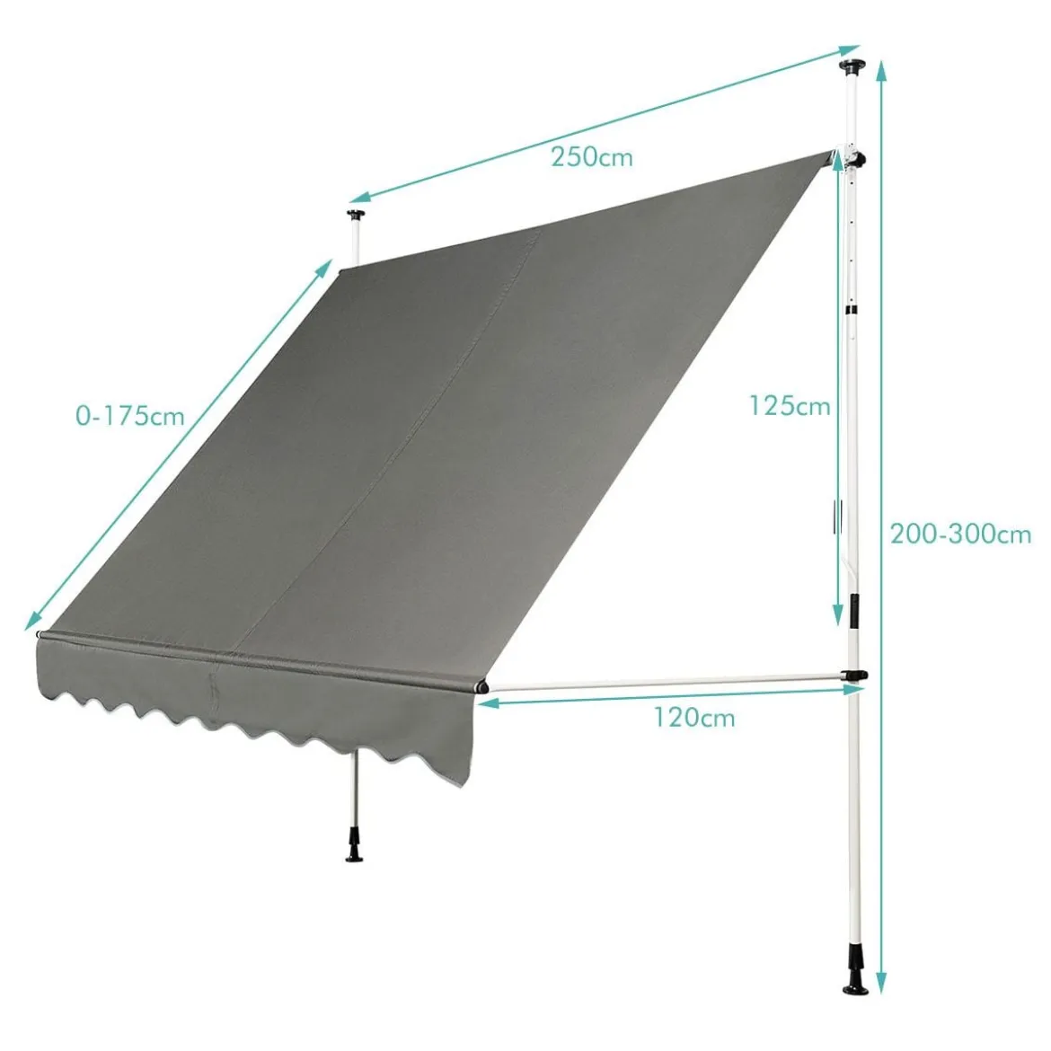 Klemmmarkise Balkonmarkise höhenverstellbar Markise mit Handkurbel Sonnenschutz250 x 120 cm Grau