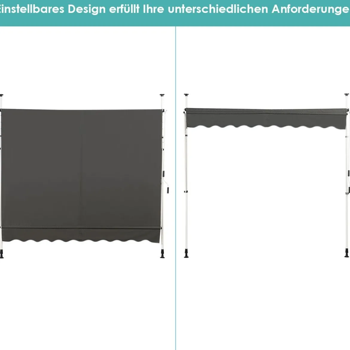 Klemmmarkise Balkonmarkise höhenverstellbar Markise mit Handkurbel Sonnenschutz250 x 120 cm Grau