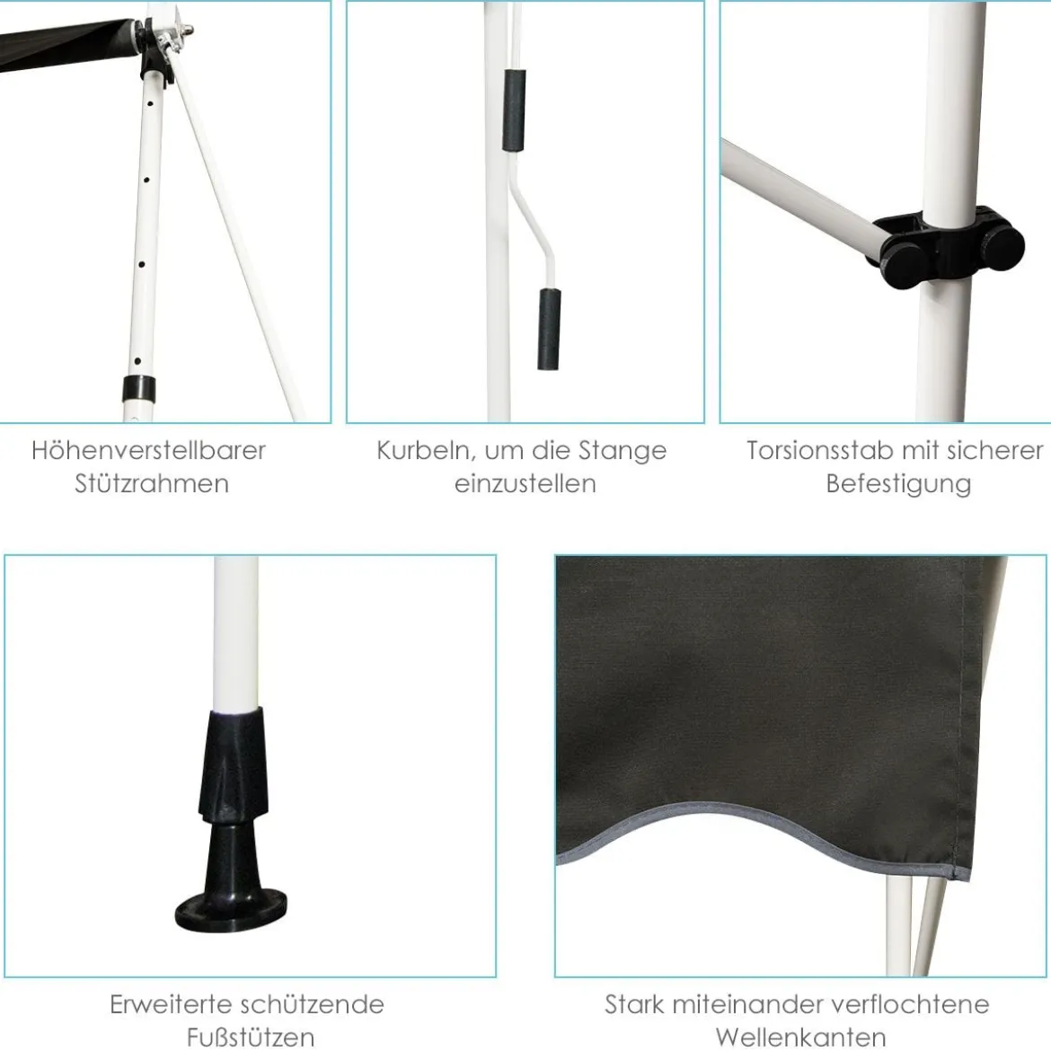 Klemmmarkise Balkonmarkise höhenverstellbar Markise mit Handkurbel Sonnenschutz250 x 120 cm Grau