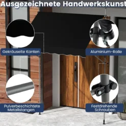 Klemmmarkise Balkonmarkise ohne Bohren mit Handkurbel Höhenverstellbar & UV-beständig 200 cm Schwarz