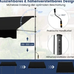 Klemmmarkise Balkonmarkise ohne Bohren mit Handkurbel Höhenverstellbar & UV-beständig 200 cm Schwarz