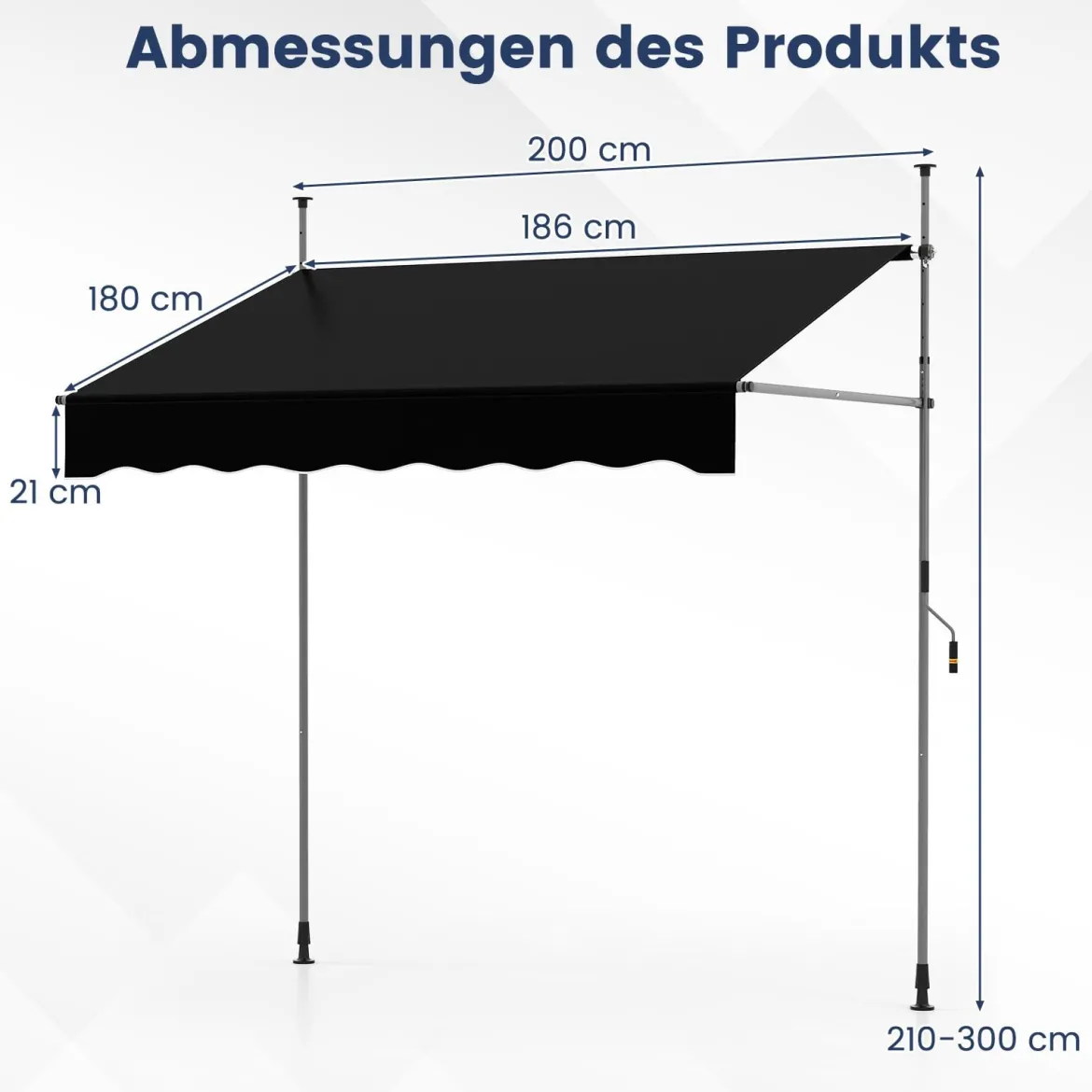 Klemmmarkise Balkonmarkise ohne Bohren mit Handkurbel Höhenverstellbar & UV-beständig 200 cm Schwarz