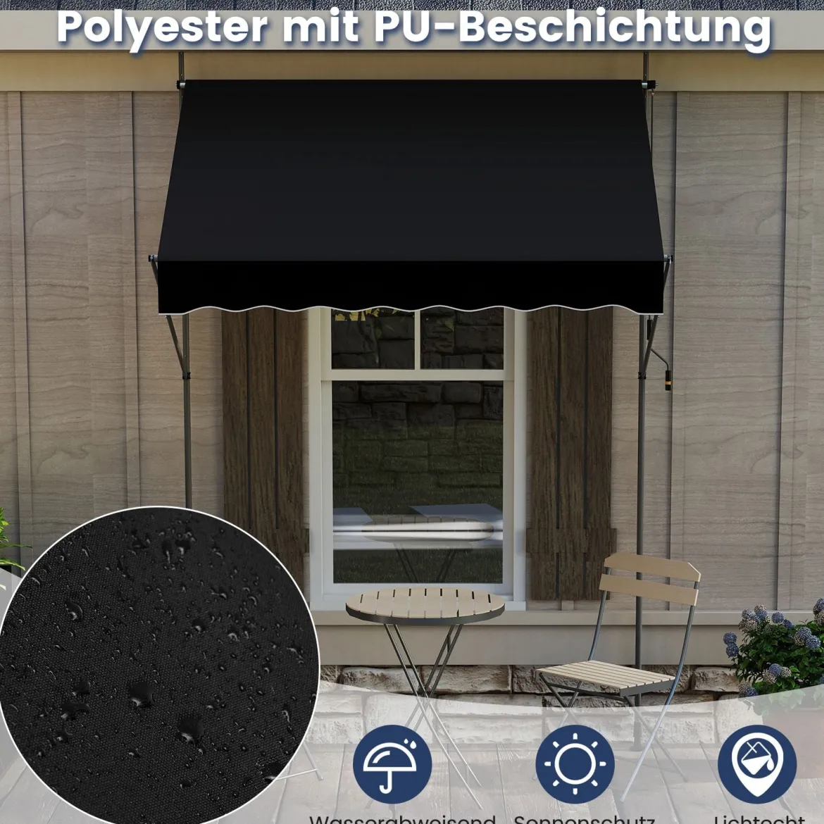 Klemmmarkise Balkonmarkise ohne Bohren mit Handkurbel Höhenverstellbar & UV-beständig 200 cm Schwarz