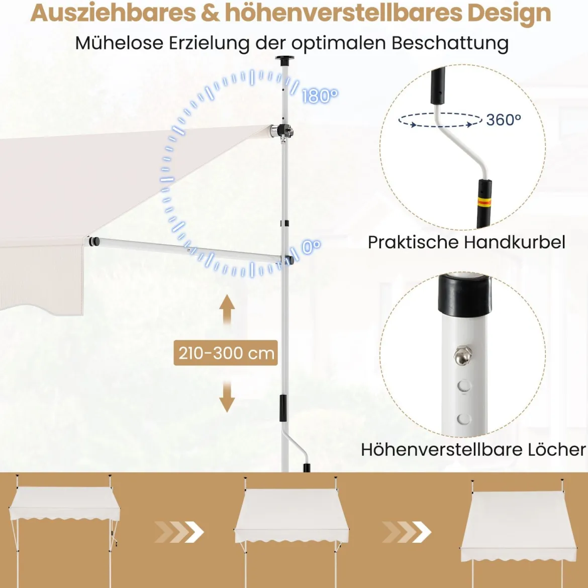 Klemmmarkise Balkonmarkise ohne Bohren mit Handkurbel Höhenverstellbar & UV-beständig 200 cm Weiß