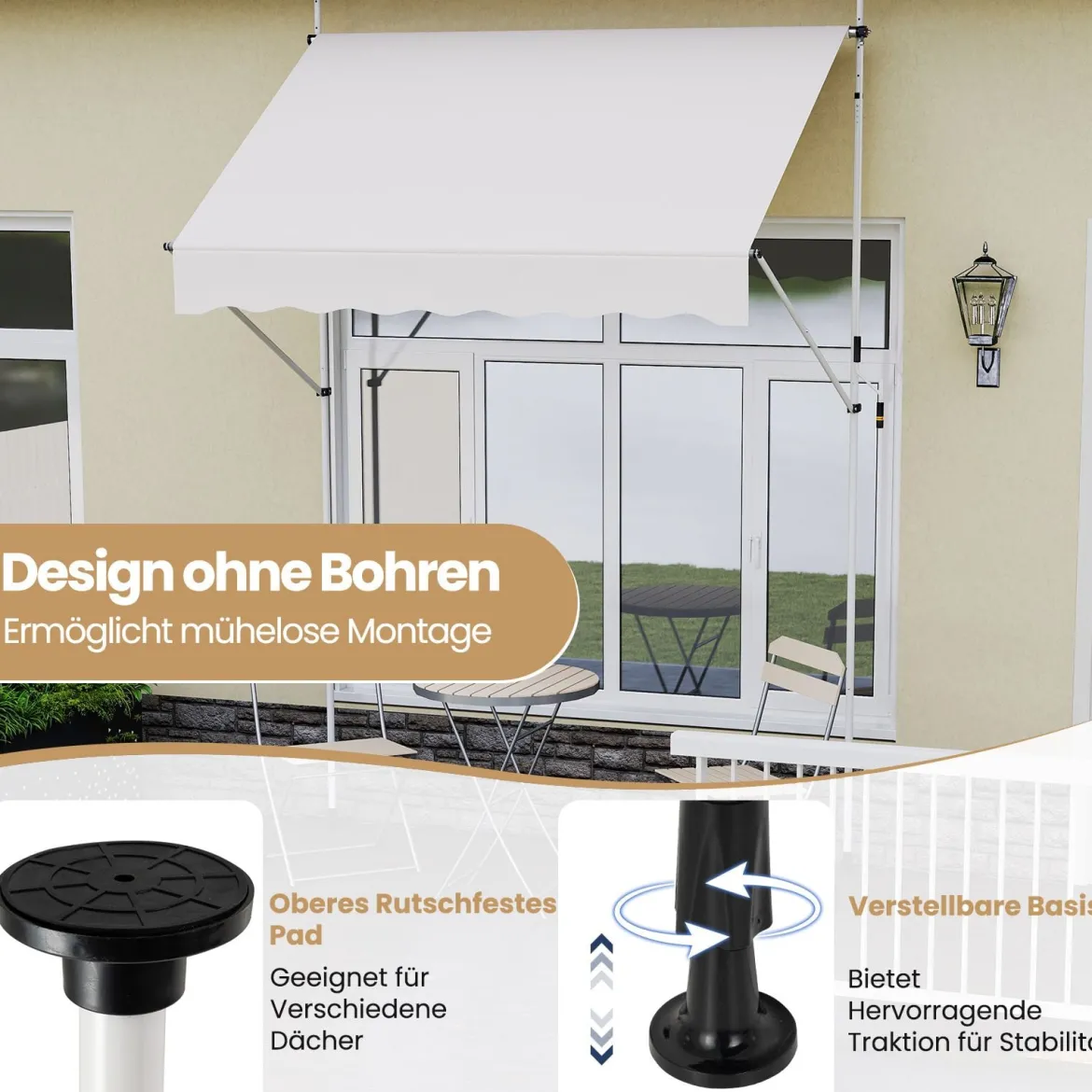 Klemmmarkise Balkonmarkise ohne Bohren mit Handkurbel Höhenverstellbar & UV-beständig 200 cm Weiß